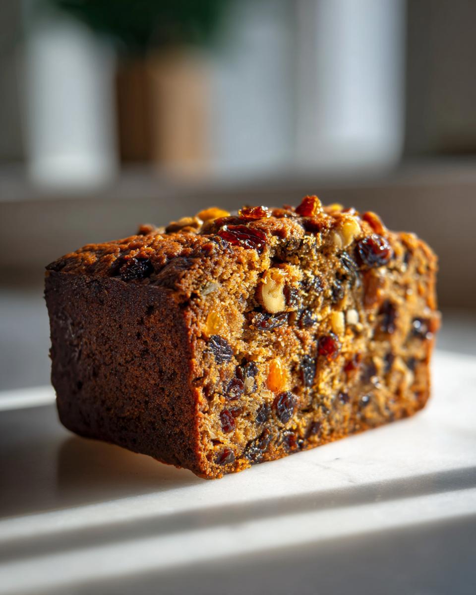 A close-up, cross-section view of a moist fruit cake packed with dried fruits and nuts.