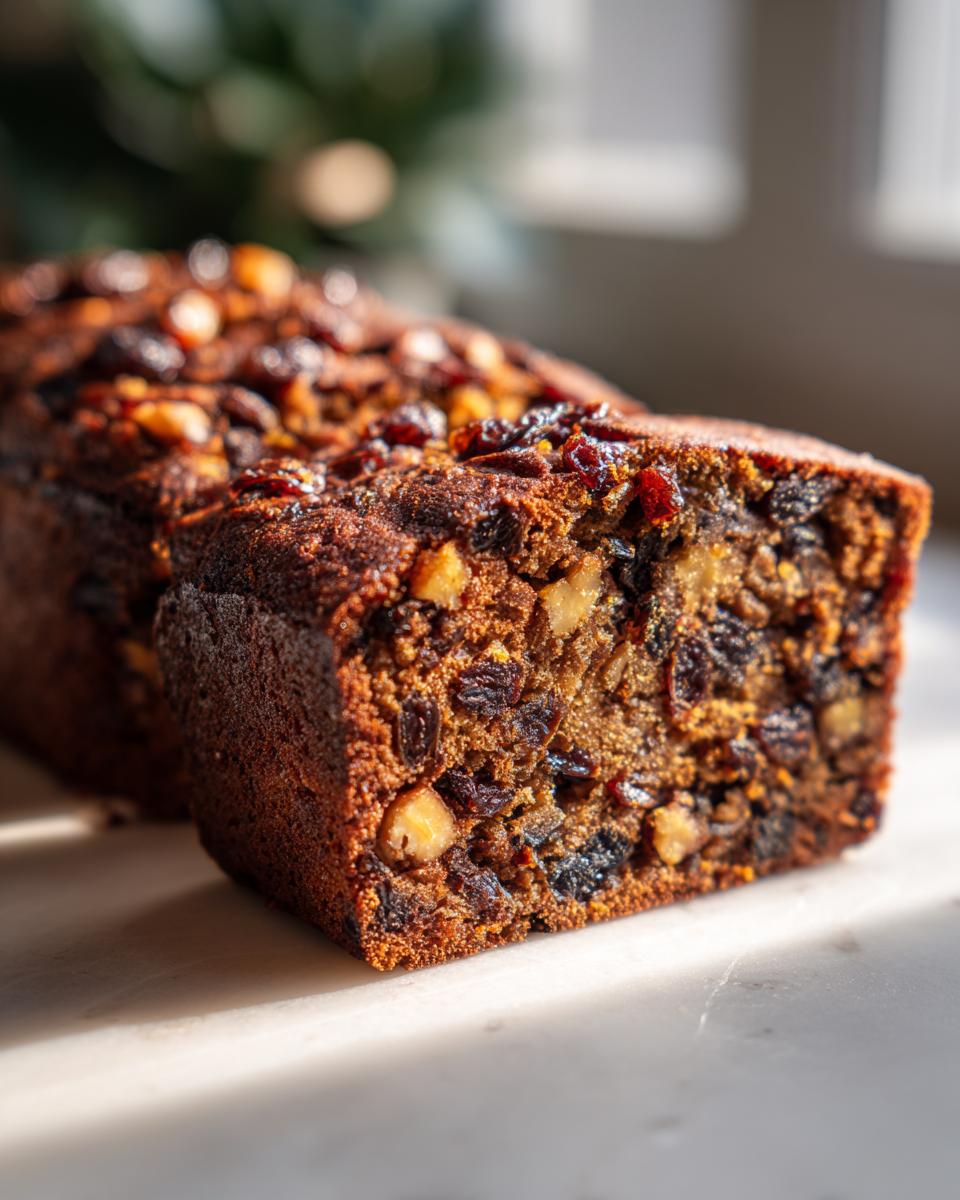 Close-up of a moist fruit cake slice showing dense texture packed with dried fruits and nuts.