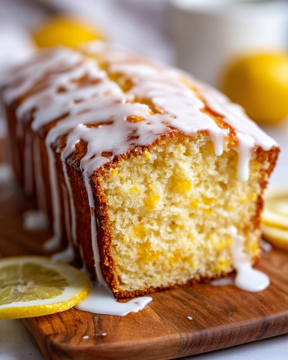 Close-up of a moist lemon pound cake loaf with thick white glaze dripping down the side, resting on a wooden board with lemon slices.