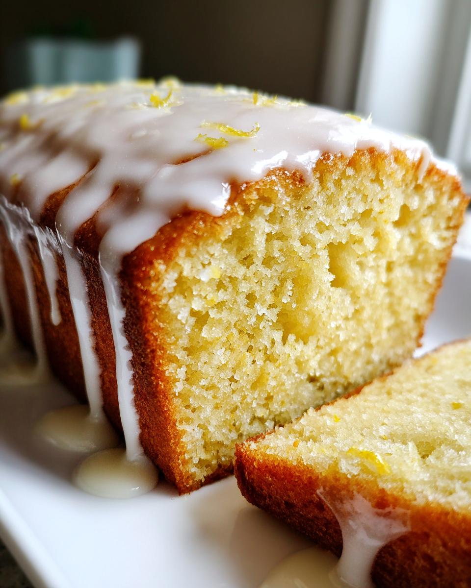 Close-up of a moist lemon pound cake loaf, drizzled heavily with white glaze and topped with zest.