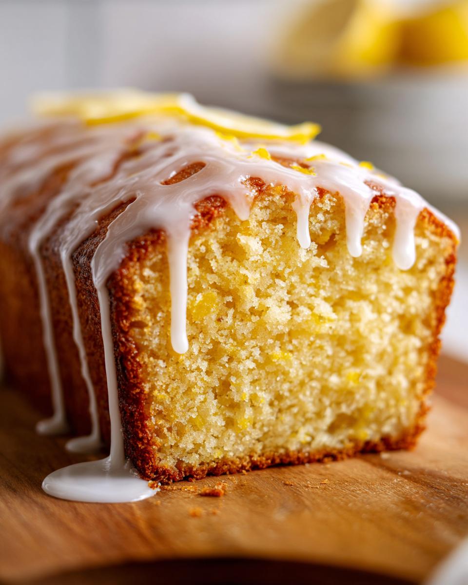 Close-up of a moist lemon pound cake loaf with thick white glaze dripping down the side.