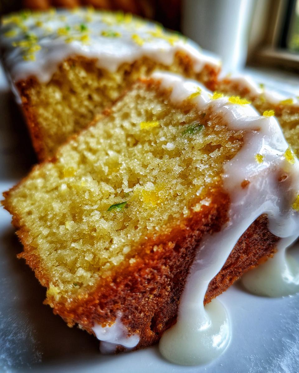 Close-up of a moist slice of lemon pound cake dripping with thick white glaze and topped with zest.
