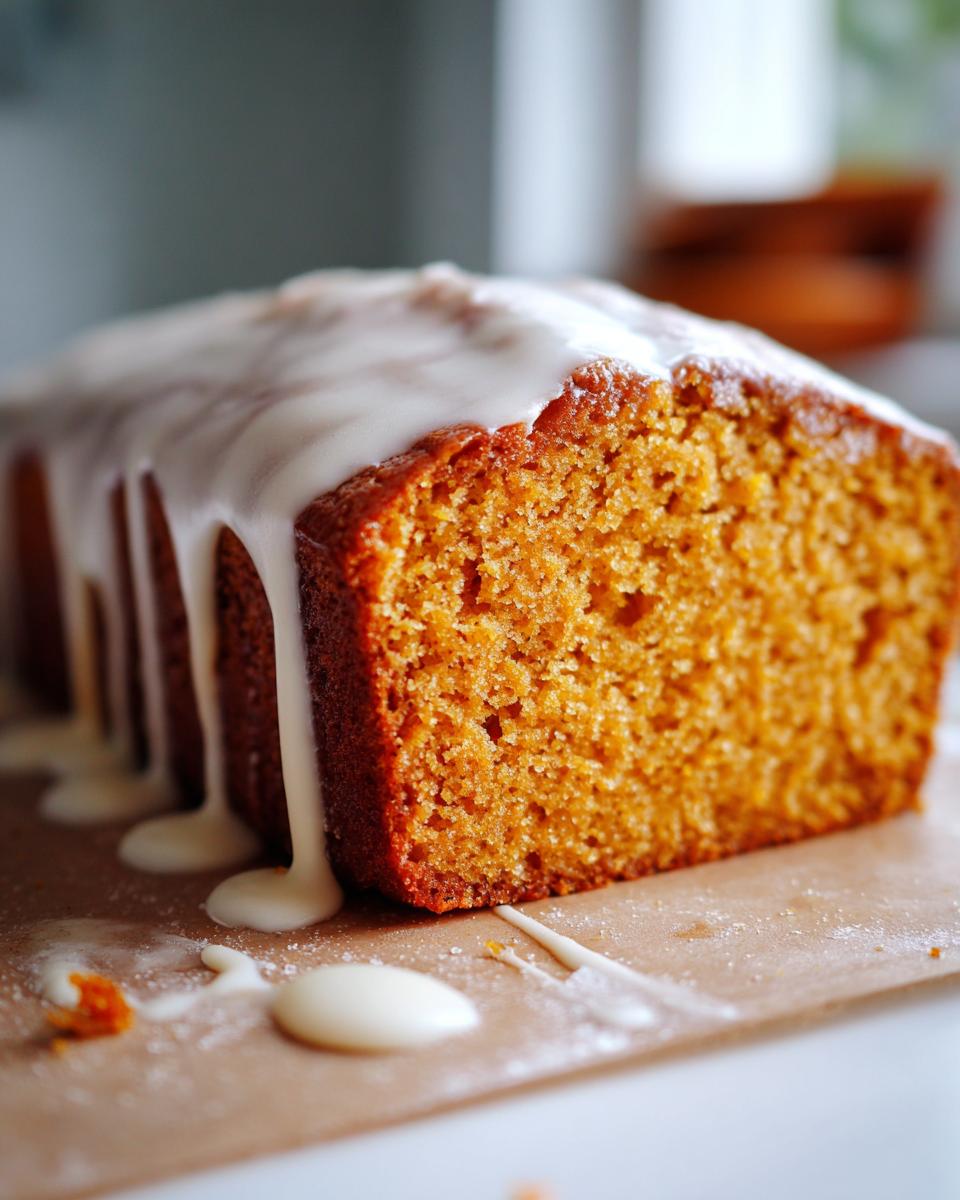 Close-up of a freshly baked sweet potato pound cake loaf topped with thick vanilla glaze dripping down the sides.