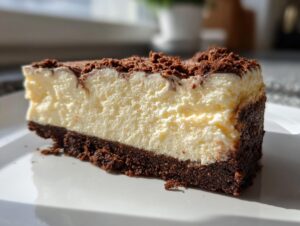 Close-up of a thick slice of no bake cheesecake featuring a creamy white filling and a dark chocolate crumb crust.