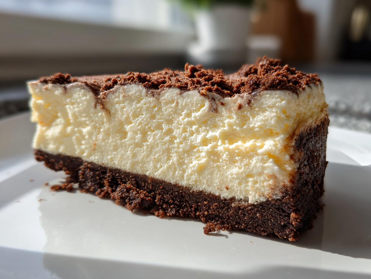 Close-up of a thick slice of no bake cheesecake featuring a creamy white filling and a dark chocolate crumb crust.