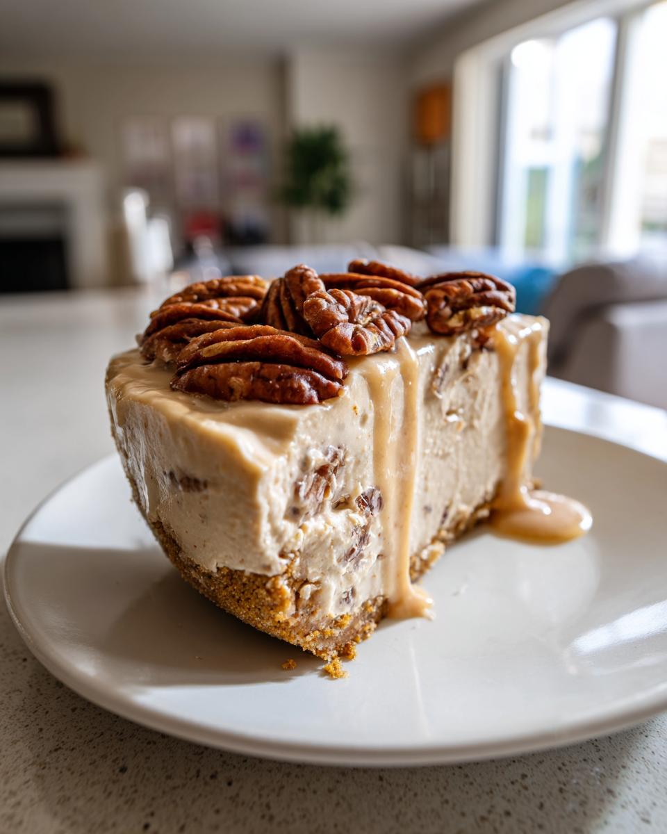 A decadent slice of Pecan cream pie with a graham cracker crust, topped with whole pecans and caramel sauce.