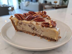 A close-up of a slice of Pecan cream pie with a thick crust, creamy filling, and glazed pecans on top.