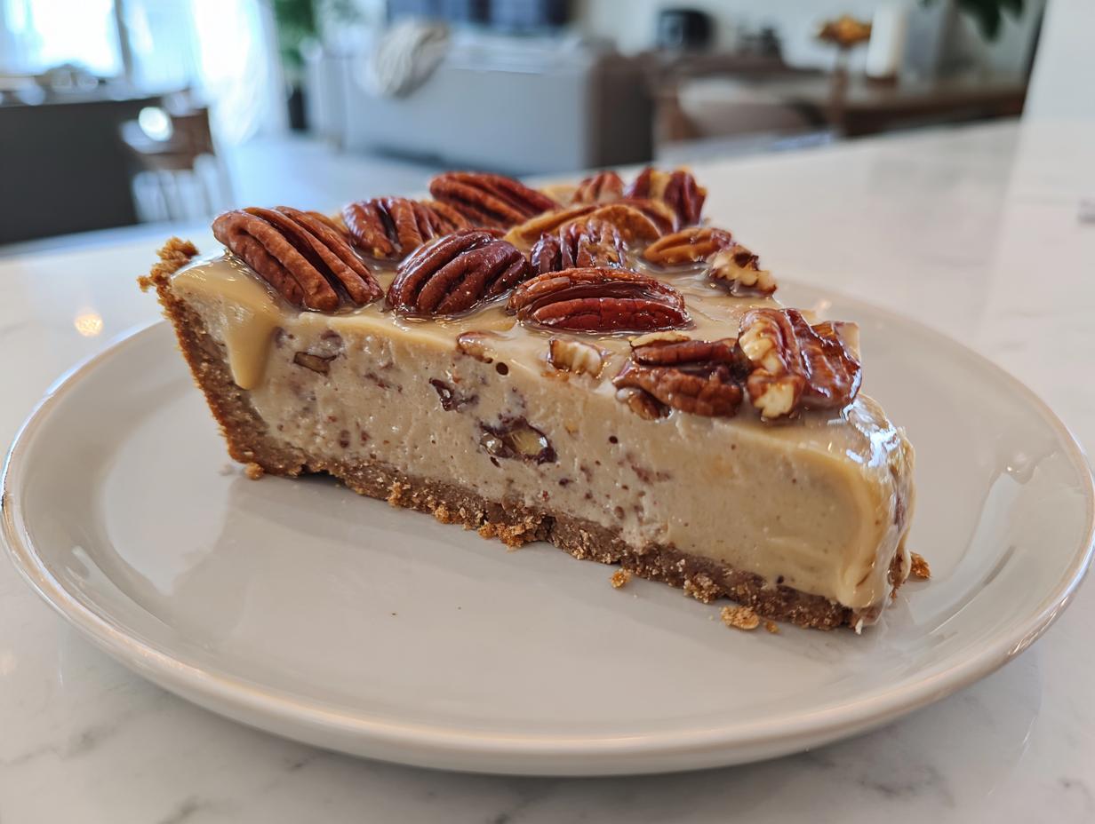 A close-up of a slice of Pecan cream pie with a thick crust, creamy filling, and glazed pecans on top.