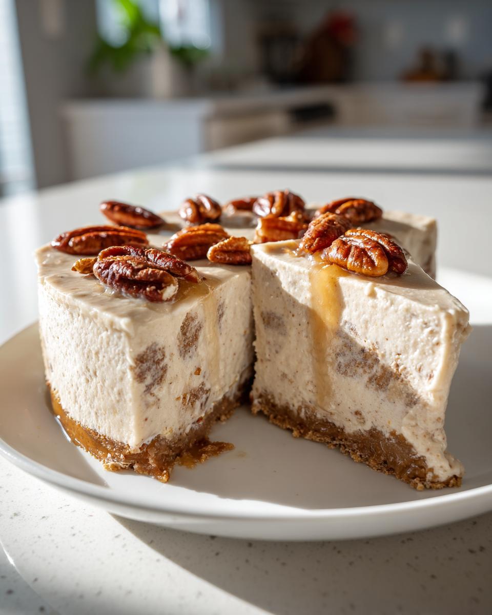 Close-up of a rich Pecan cream pie slice with a thick crust, topped with candied pecans and drizzled with caramel.