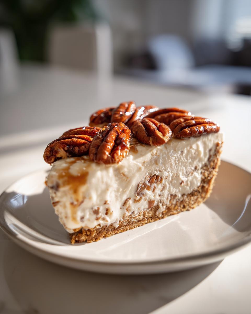 A close-up of a slice of Pecan cream pie featuring a creamy filling, graham cracker crust, and topped with glazed pecans.