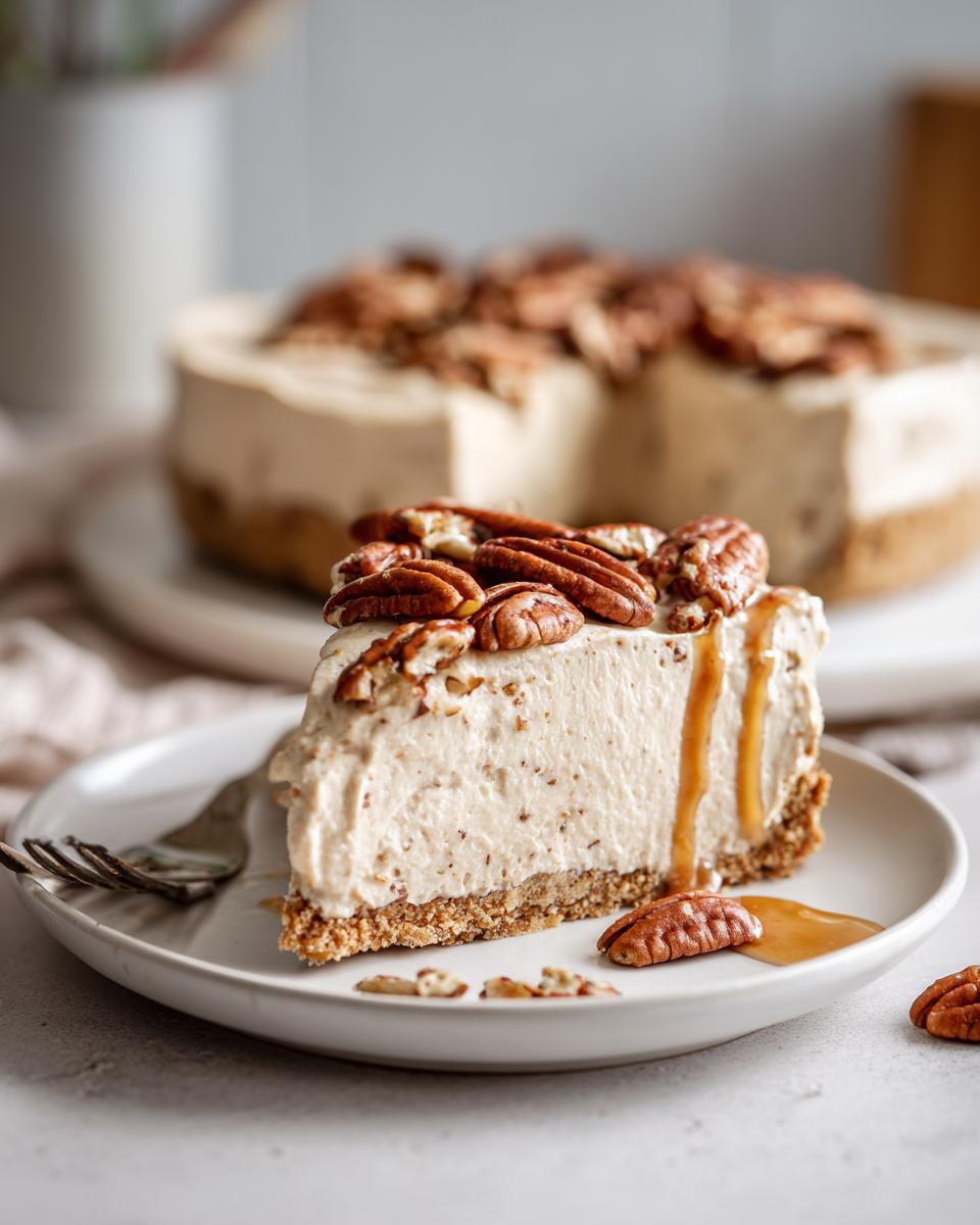 A decadent slice of Pecan cream pie with a thick, creamy filling, graham cracker crust, and topped with whole pecans and caramel drizzle.