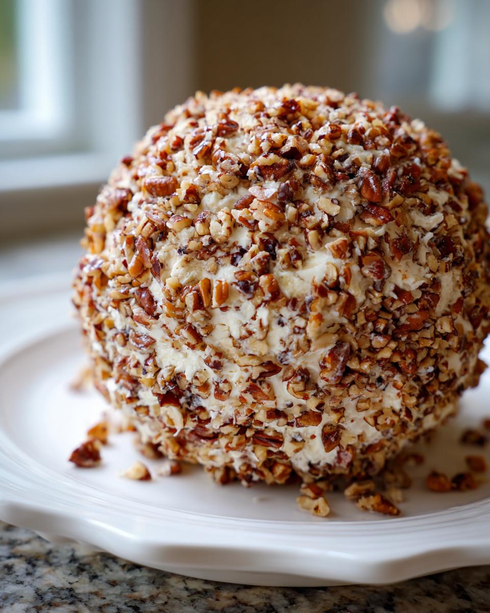 A perfectly shaped Holiday cheese ball coated entirely in chopped pecans, resting on a white serving platter.