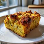A golden slice of homemade cornbread dressing, showing visible celery and herbs, served on a white plate.
