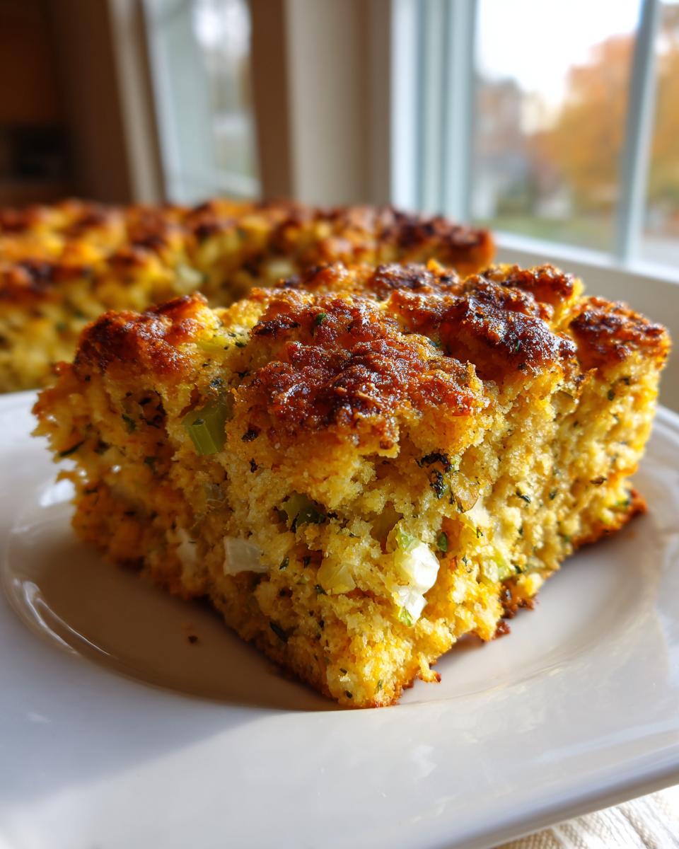A close-up of a golden, savory slice of cornbread dressing with visible celery and herbs on a white plate.