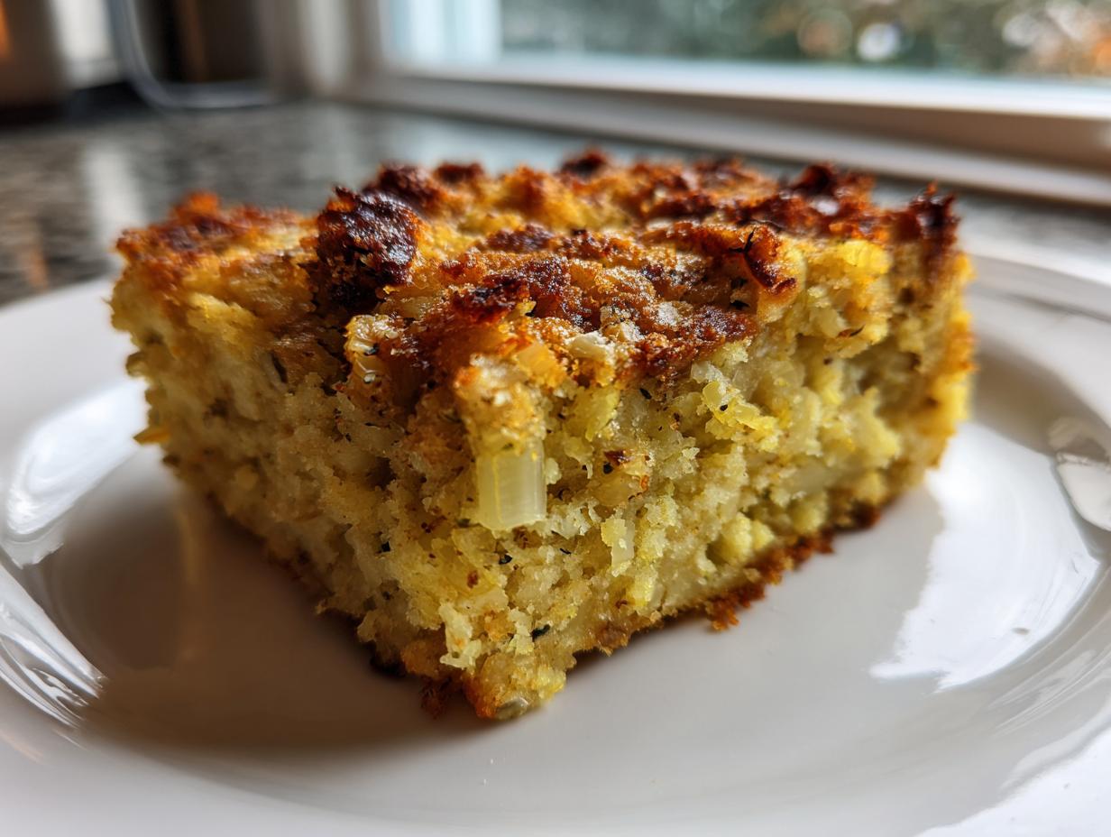 A close-up of a square slice of moist cornbread dressing with a dark, crispy, browned top, served on a white plate.