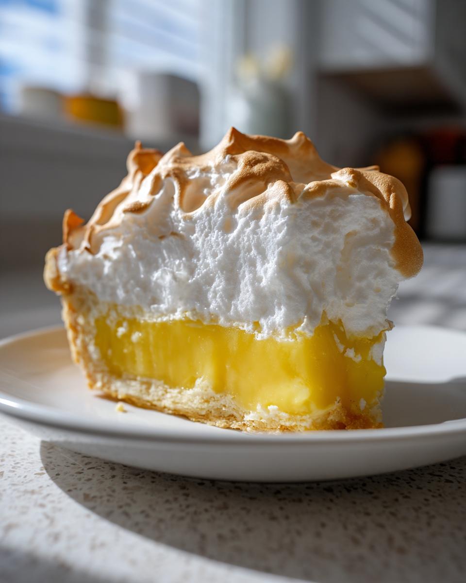 A tall, perfect slice of lemon meringue pie showing bright yellow curd and toasted meringue.