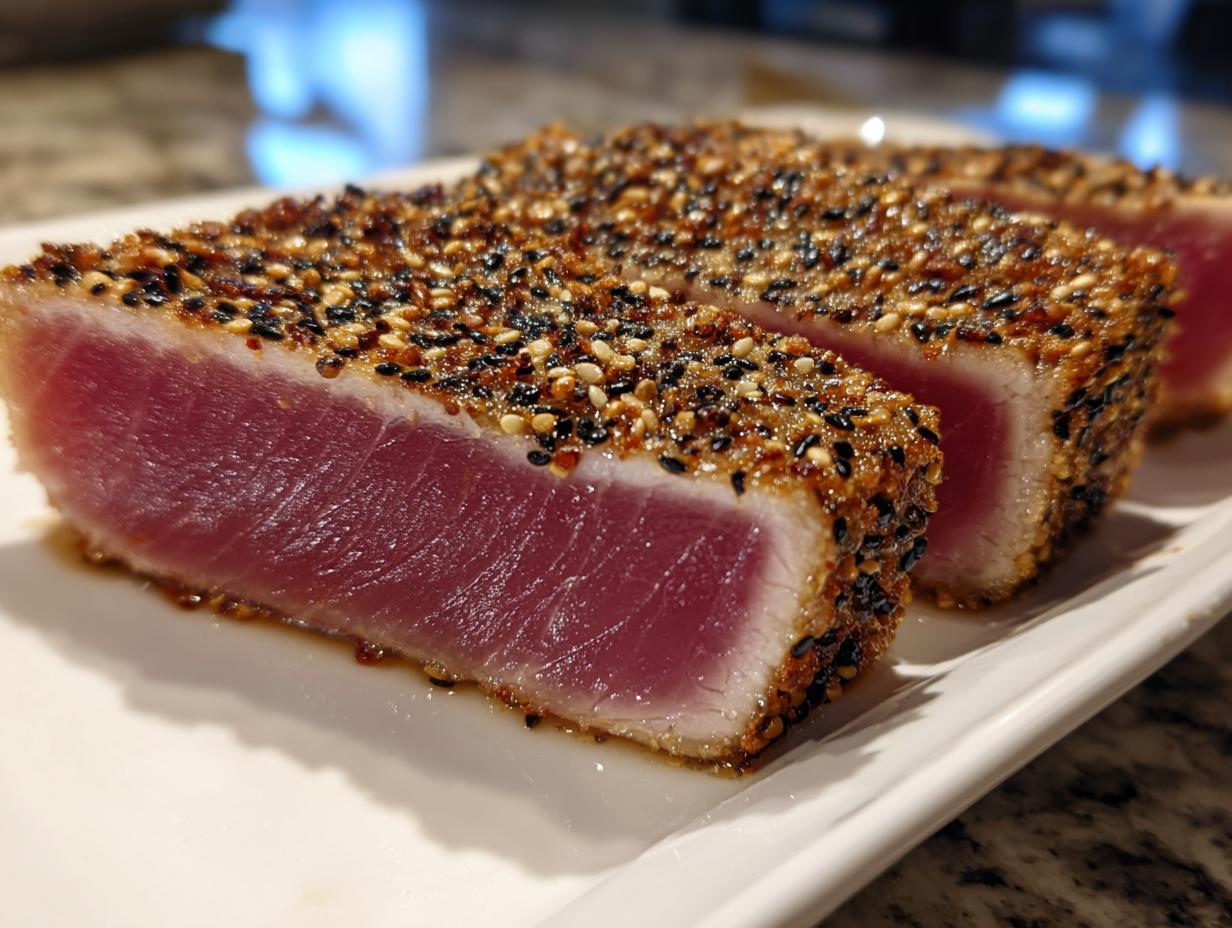 Close-up of perfectly Seared Ahi Tuna slices showing a deep red center and a thick sesame seed crust.