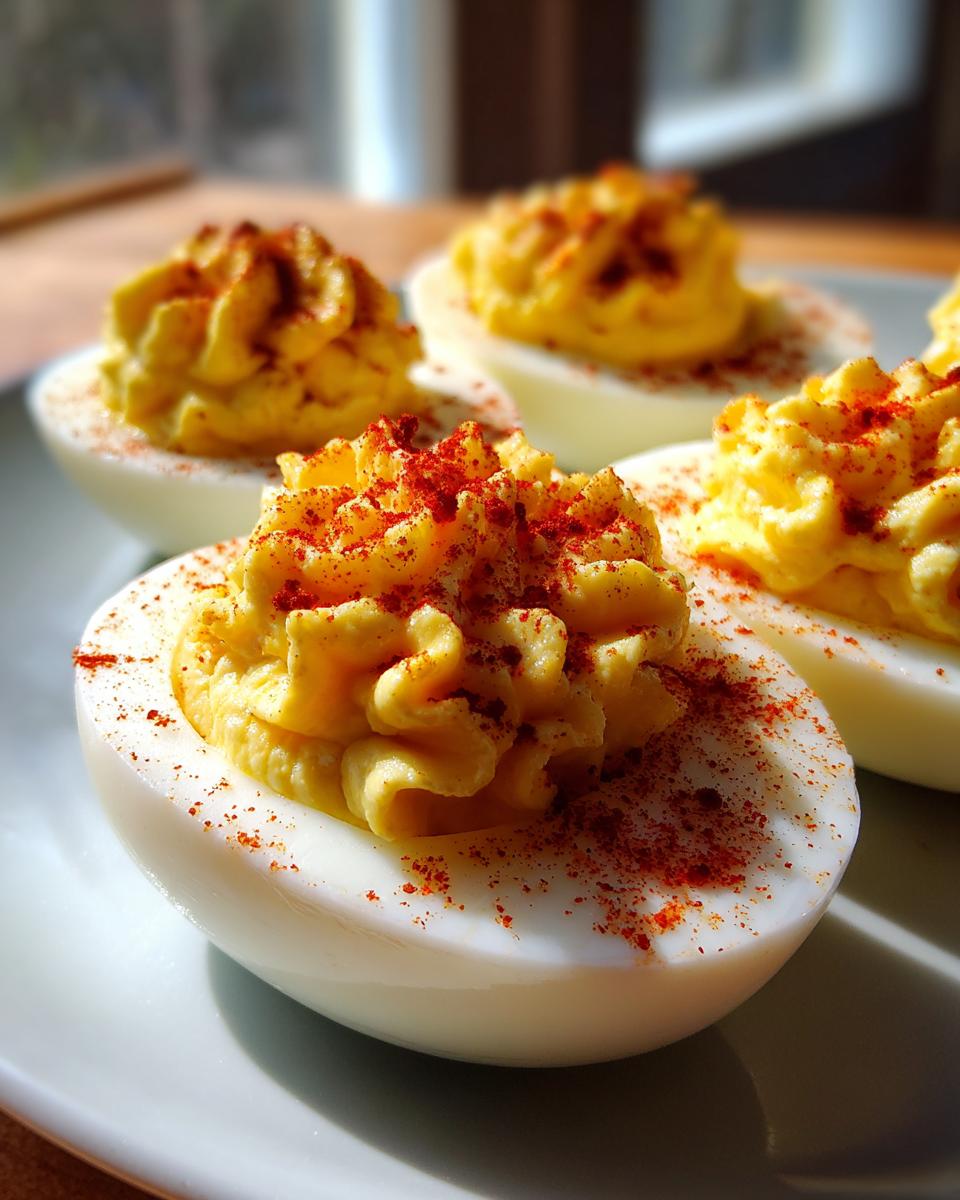 Close-up of creamy, piped deviled eggs sprinkled generously with bright red paprika.