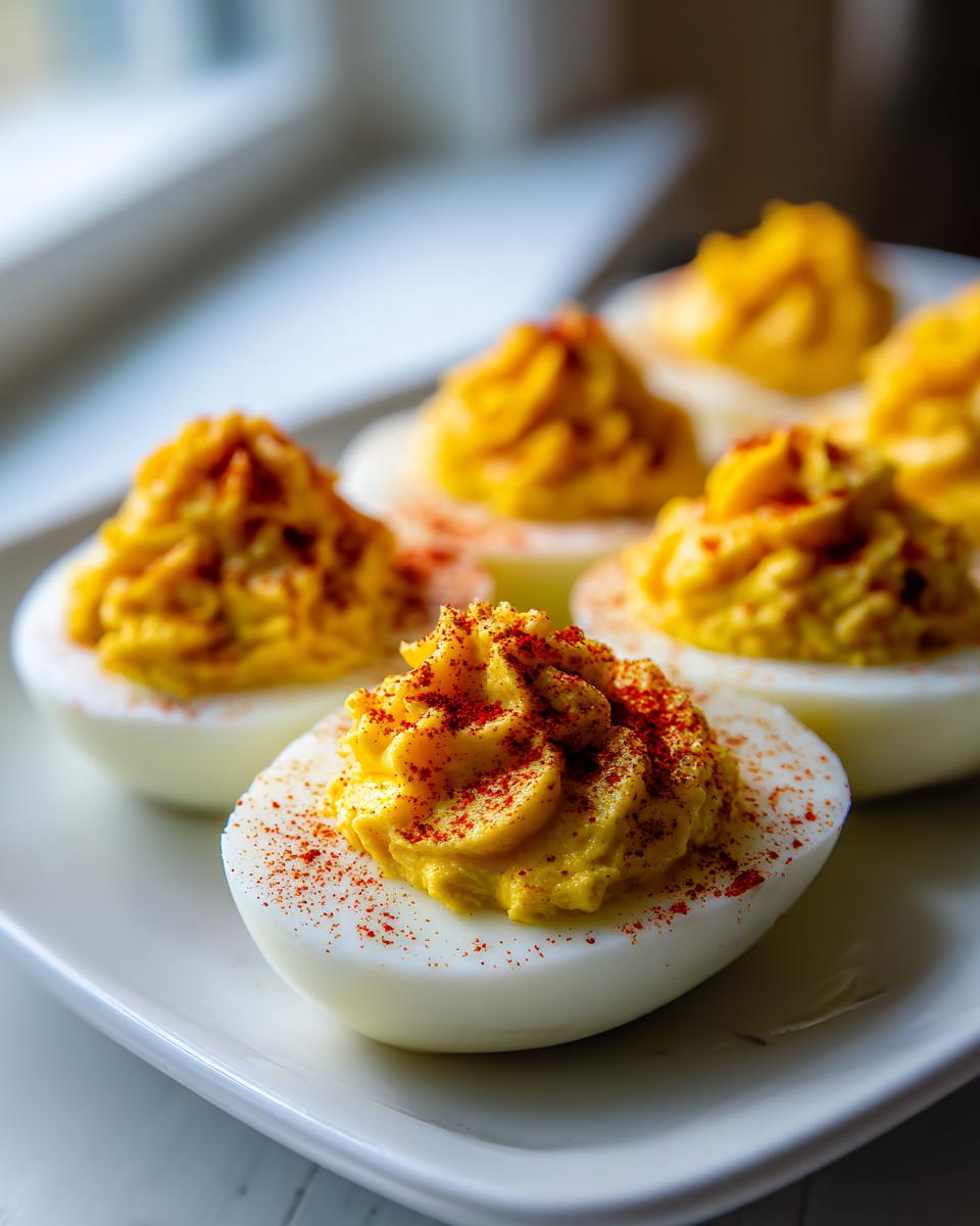 Close-up of creamy, piped deviled eggs sprinkled with bright red paprika on a white plate.