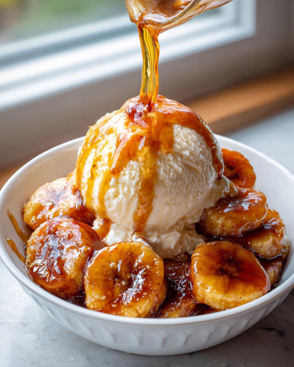 A scoop of vanilla ice cream topped with caramelized bananas and rich sauce being poured over it for bananas foster.