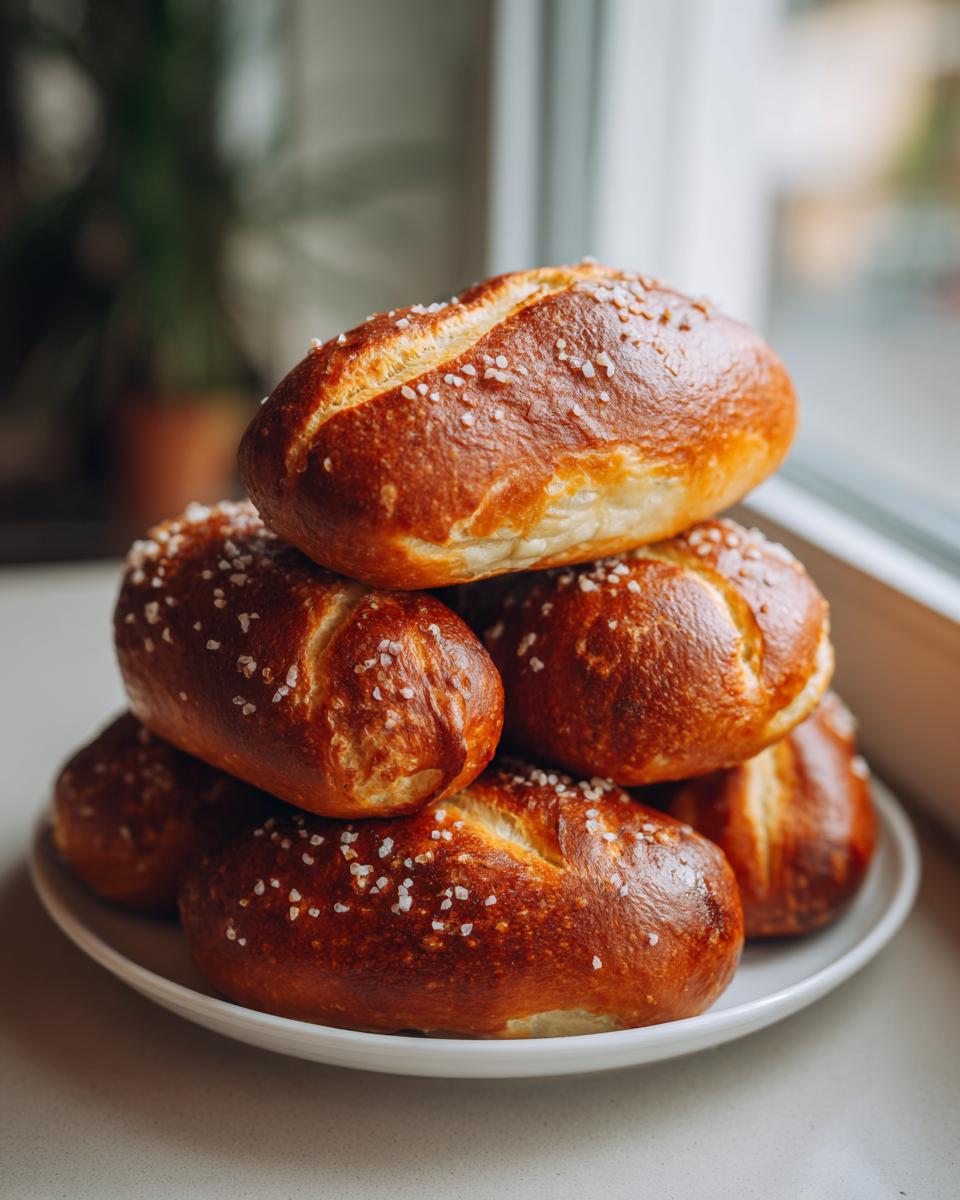 A stack of golden-brown, freshly baked pretzel dog buns topped with coarse salt crystals.