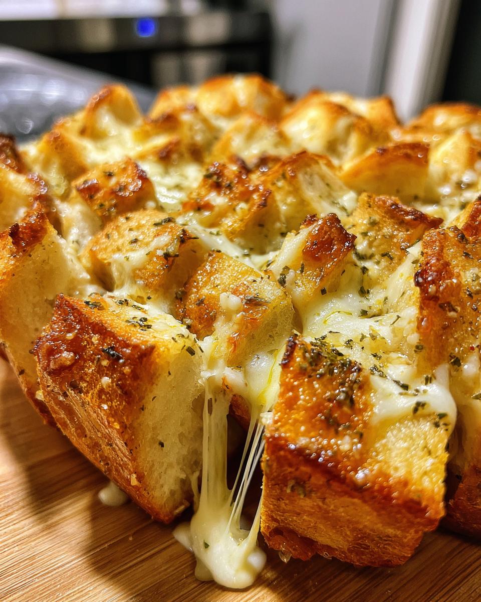 Close-up of baked pull-apart cheese bread with melted mozzarella stretching between the pieces.