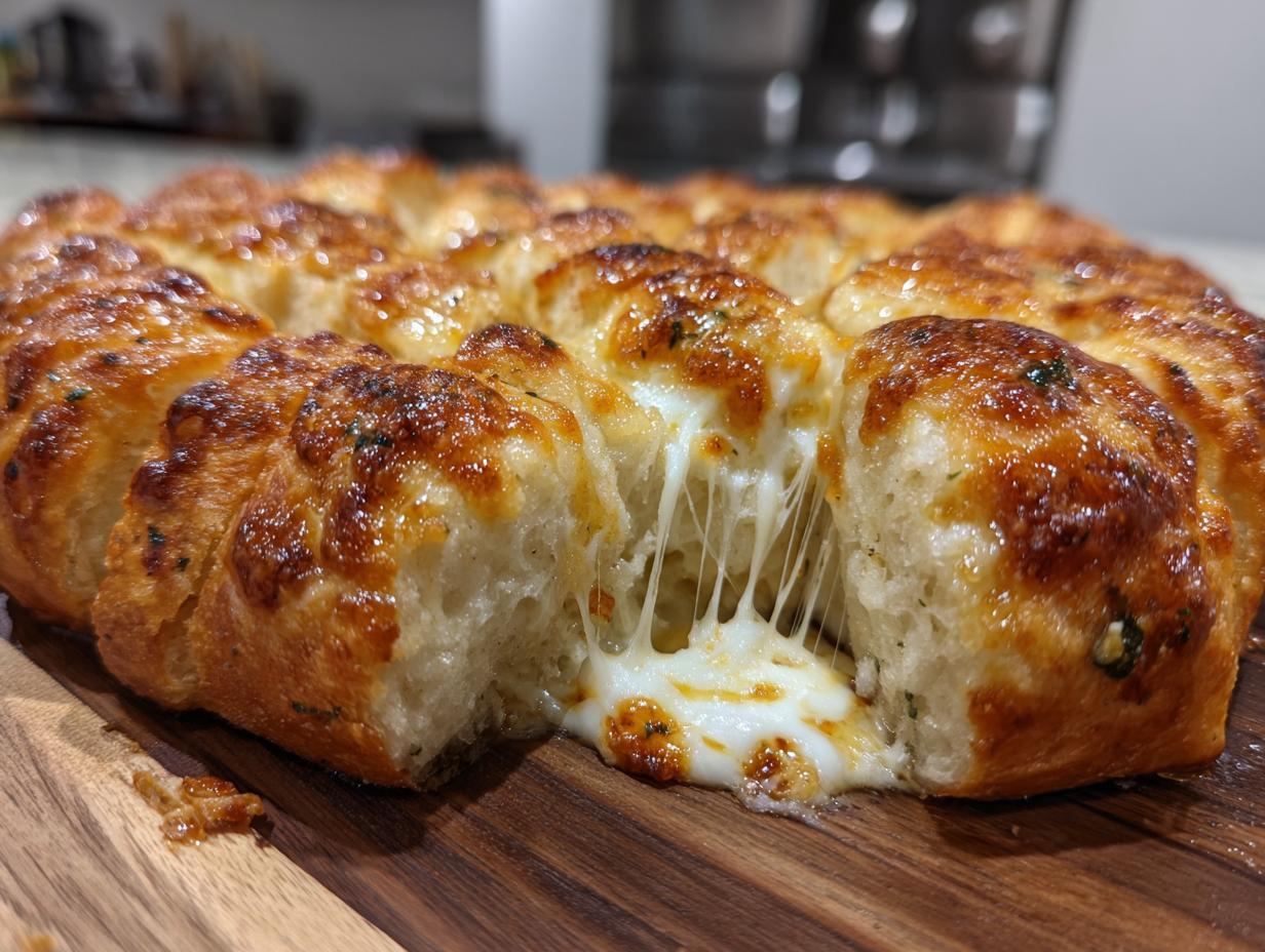 Close-up of pull-apart cheese bread showing melted, stringy cheese stretching between the rolls.