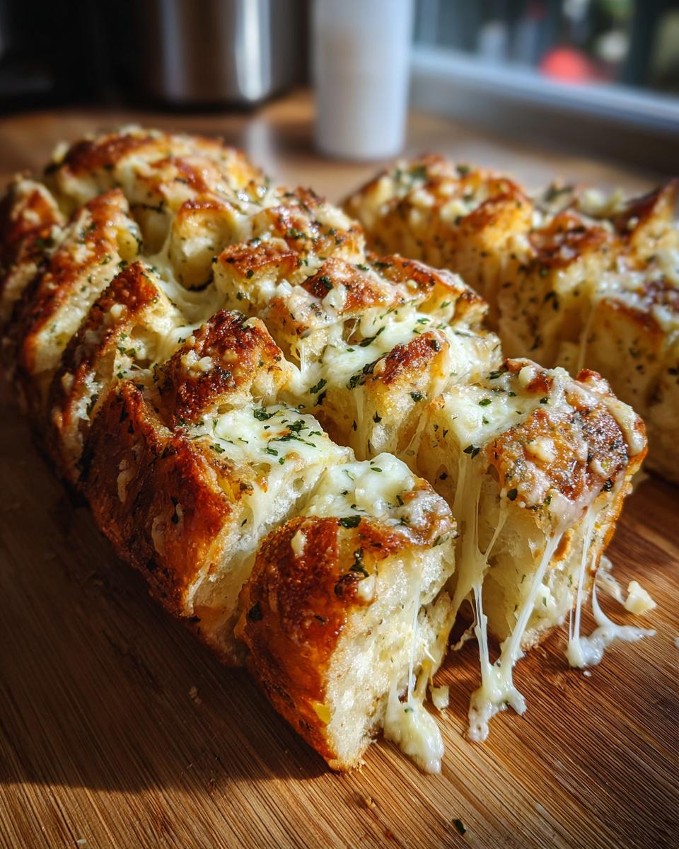 Close-up of baked, pull-apart cheese bread with melted mozzarella stretching between slices, topped with herbs.