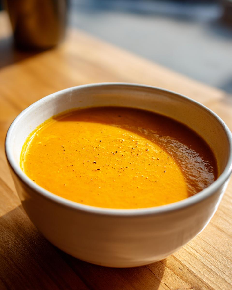Close-up of a creamy, vibrant orange roasted butternut squash soup in a white bowl.
