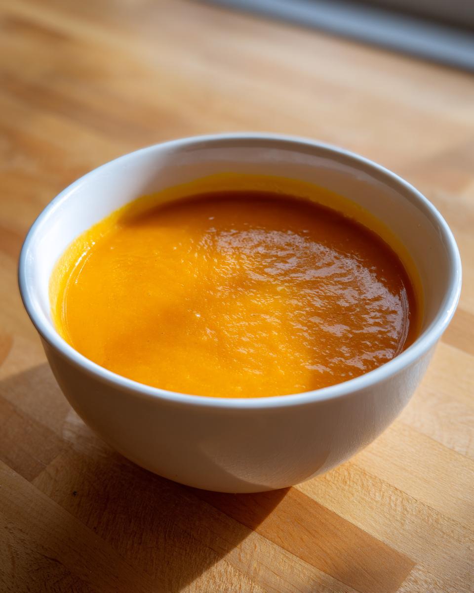 A white bowl filled with vibrant orange roasted butternut squash soup resting on a wooden cutting board.