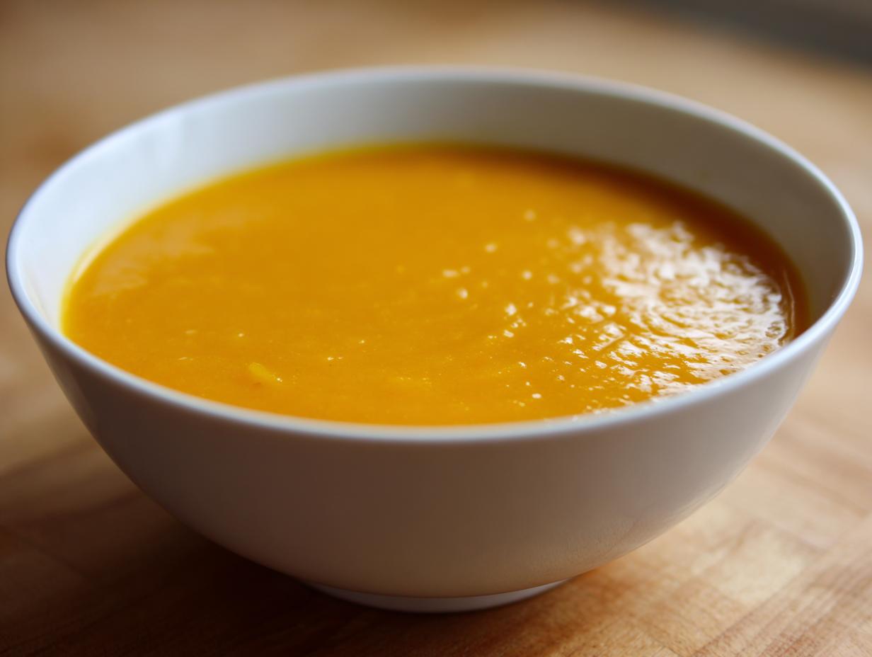 Close-up of a white bowl filled with vibrant orange roasted butternut squash soup resting on a wooden surface.