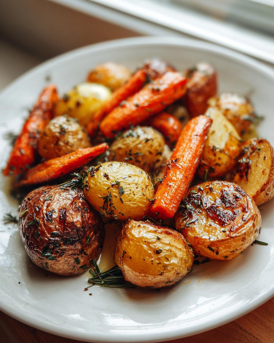 Close-up of perfectly seasoned roasted potatoes and carrots, glistening with herbs and oil on a white plate.