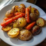 A close-up of golden brown roasted potatoes and carrots seasoned with herbs on a white plate.
