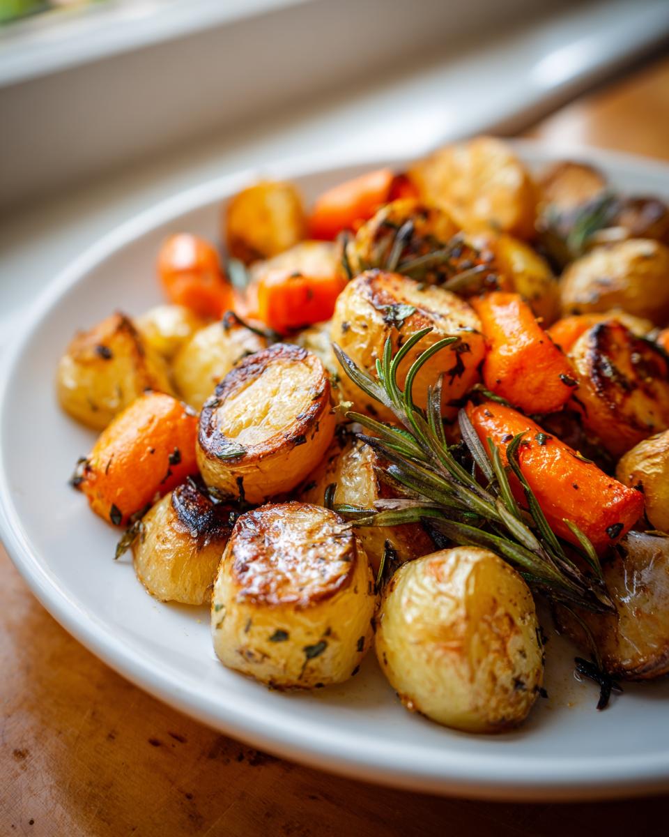 Close-up of golden brown roasted potatoes and carrots seasoned with herbs and rosemary sprigs.
