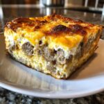 A thick, square slice of sausage breakfast casserole with cream of mushroom, featuring a golden-brown cheesy top.