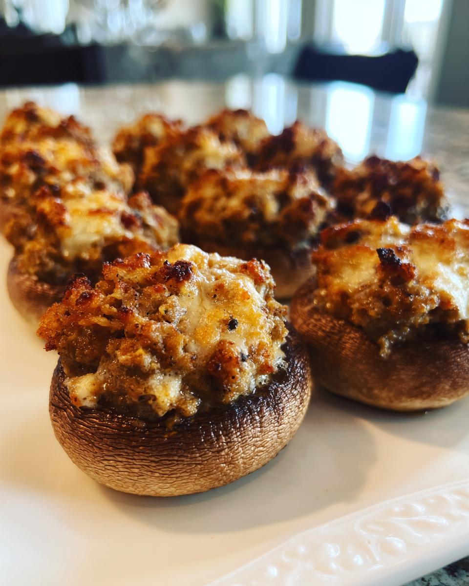 Close-up of baked Sausage stuffed mushrooms with browned, cheesy tops served on a white platter.