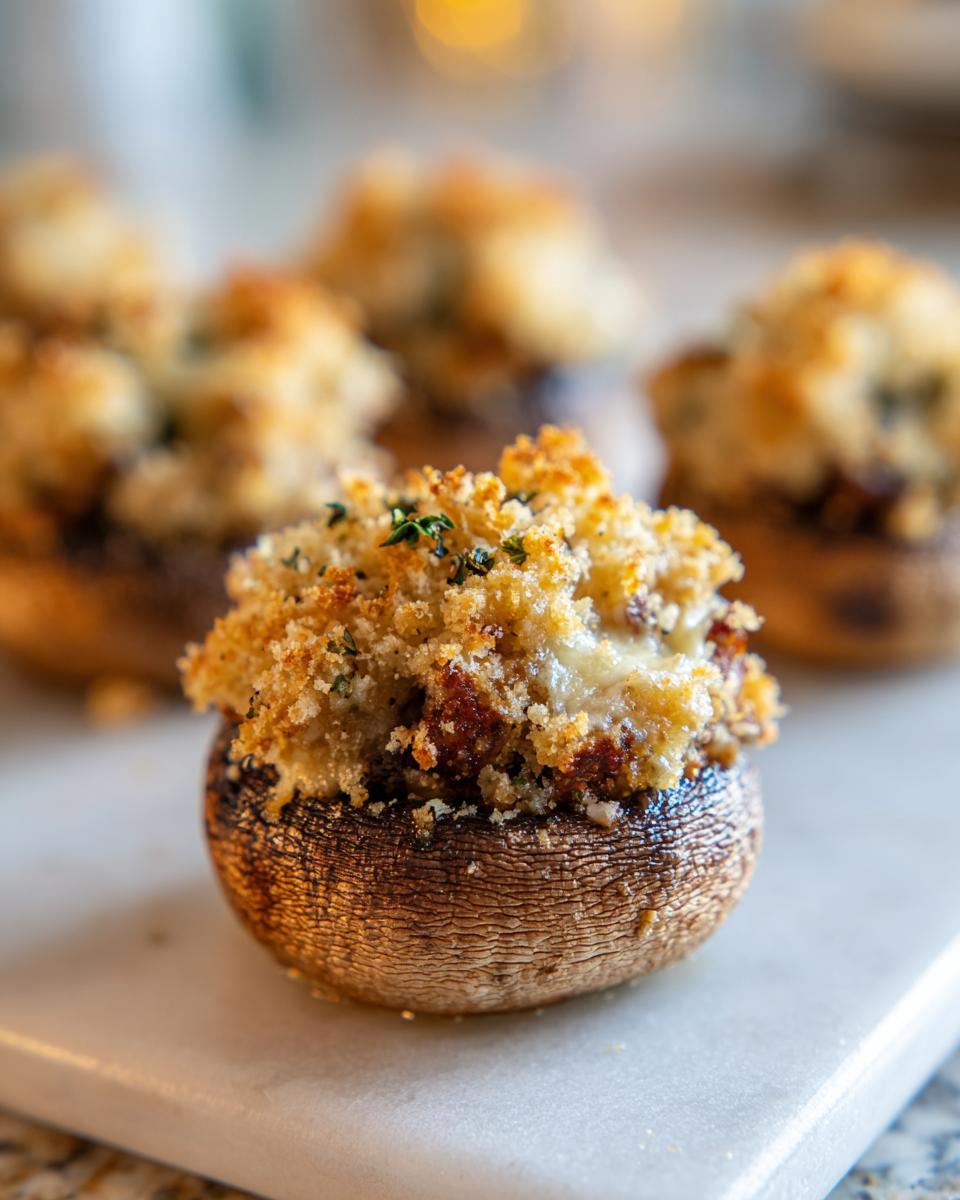 A close-up of one perfectly baked Sausage stuffed mushrooms topped with golden, crispy breadcrumbs and fresh thyme.