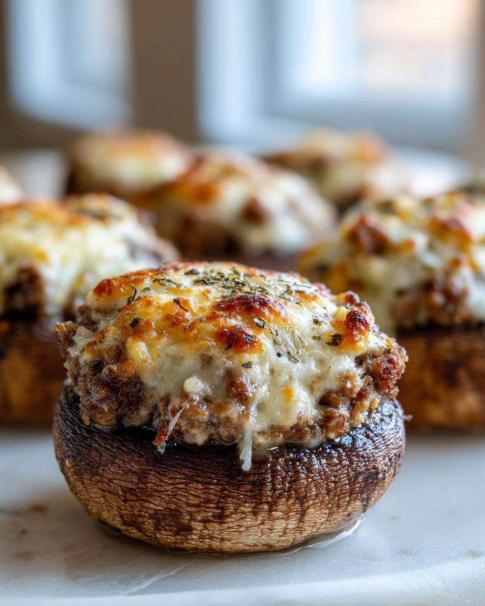 A close-up of one perfectly baked sausage stuffed mushrooms, topped with browned, melted cheese and herbs.