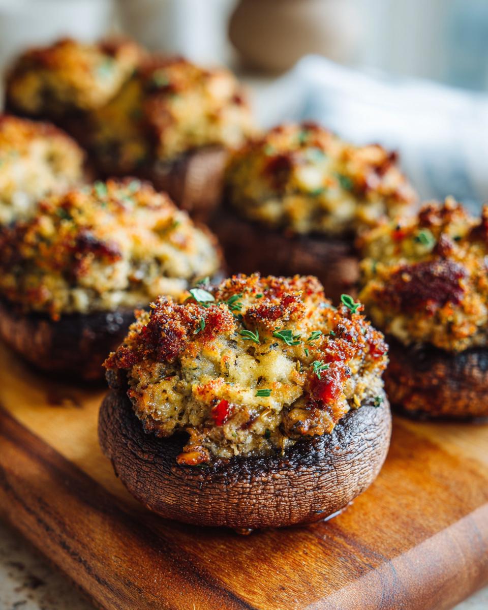 Close-up of baked Sausage stuffed mushrooms with golden brown, savory filling served on a wooden cutting board.