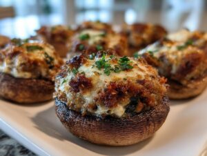 Close-up of baked Sausage stuffed mushrooms topped with melted cheese and fresh parsley.