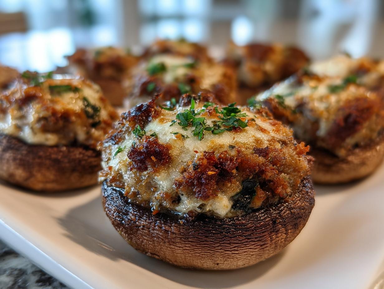 Close-up of baked Sausage stuffed mushrooms topped with melted cheese and fresh parsley.