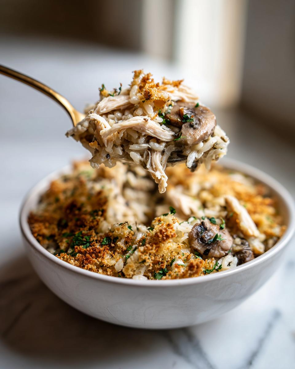 A golden spoon lifting a scoop of creamy chicken wild rice casserole topped with crispy breadcrumbs and mushrooms.