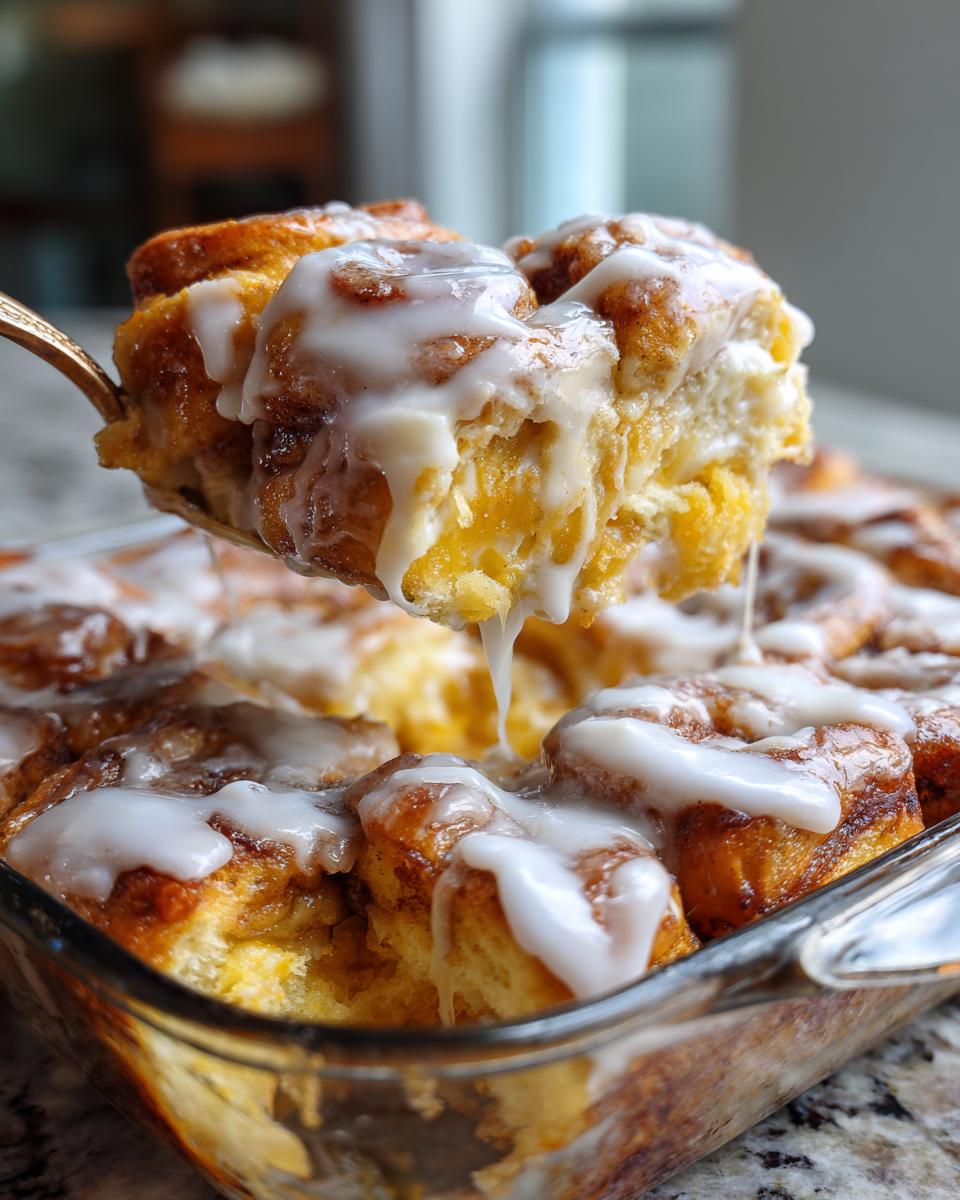 A spoonful of gooey, iced Cinnamon roll casserole being lifted from a glass baking dish.