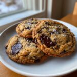 Three golden brown chocolate chip cookies, topped with flaky sea salt and large melted chocolate chunks, resting on a white plate.