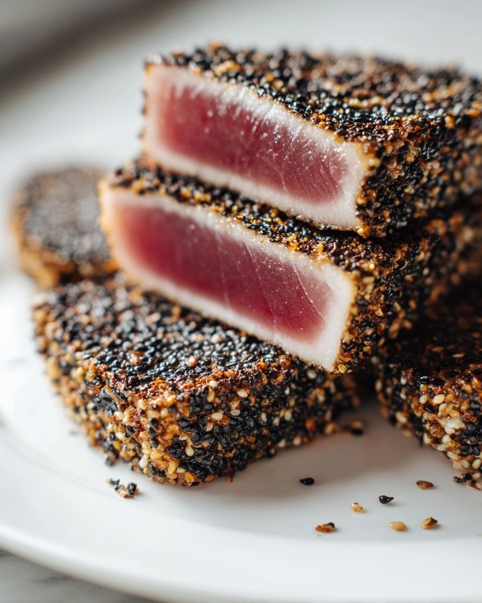 Close-up of perfectly seared Ahi Tuna steaks crusted with black and white sesame seeds, showing a rare, deep red center.