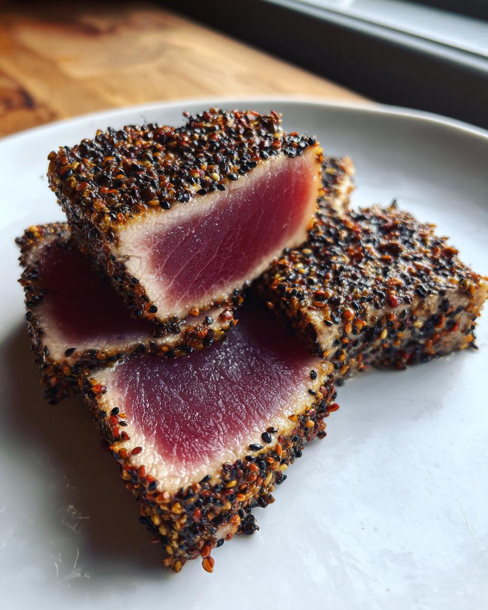 Close-up of four slices of perfectly Seared Ahi Tuna, crusted heavily with black and white sesame seeds.