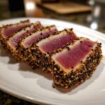 Four slices of perfectly Seared Ahi Tuna, crusted with black and white sesame seeds, resting on a white plate.