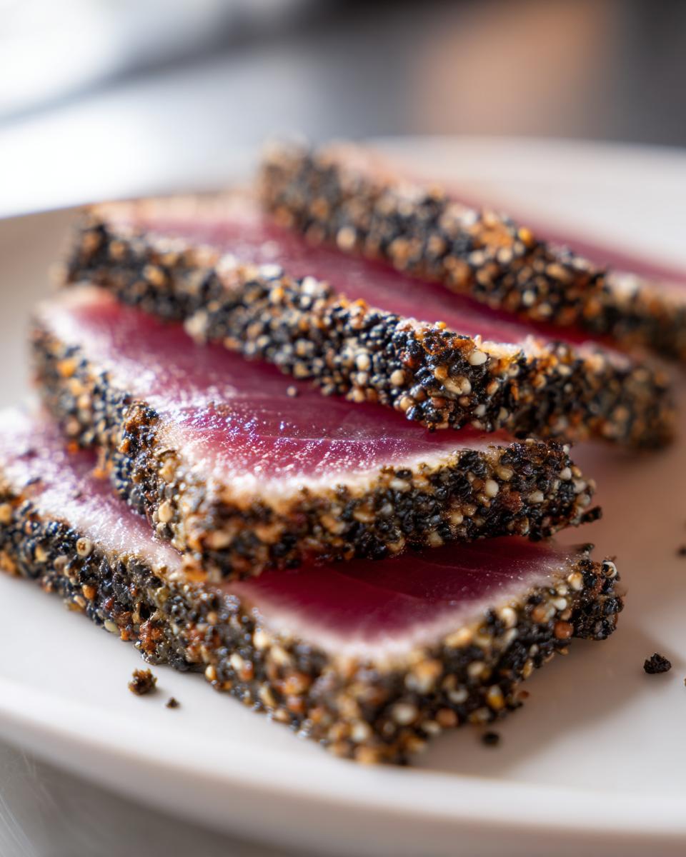 Four slices of perfectly seared Ahi Tuna, crusted with black peppercorns, showing a rare, deep red center.