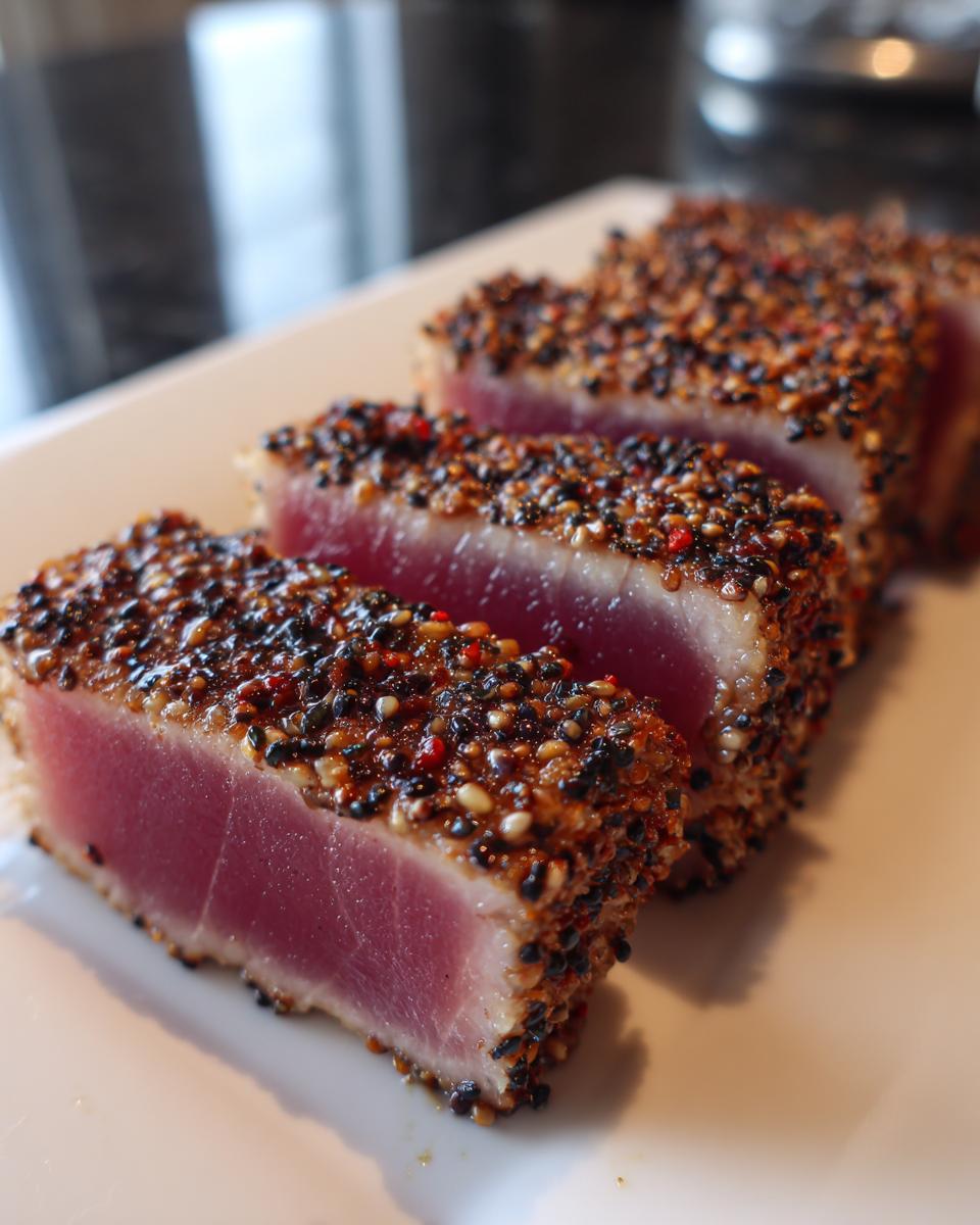 Close-up of four slices of perfectly Seared Ahi Tuna, crusted with sesame seeds and spices, showing a rare pink center.
