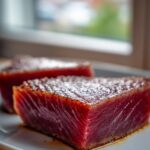 Close-up of perfectly seared tuna steak showing a deep red interior, prepared with a MARINADE FOR TUNA STEAK.
